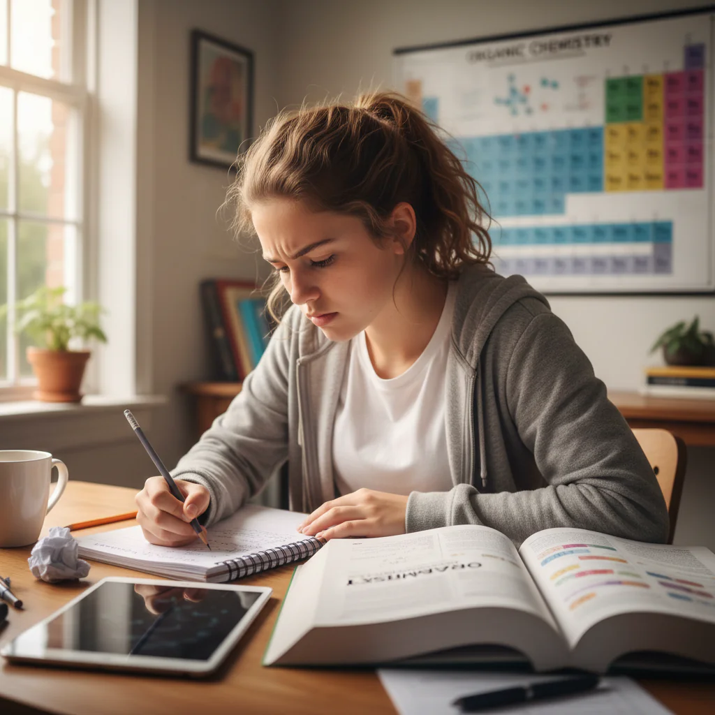 Person writing in notebook with laptop open, focused study session, bright desk environment, academic atmosphere