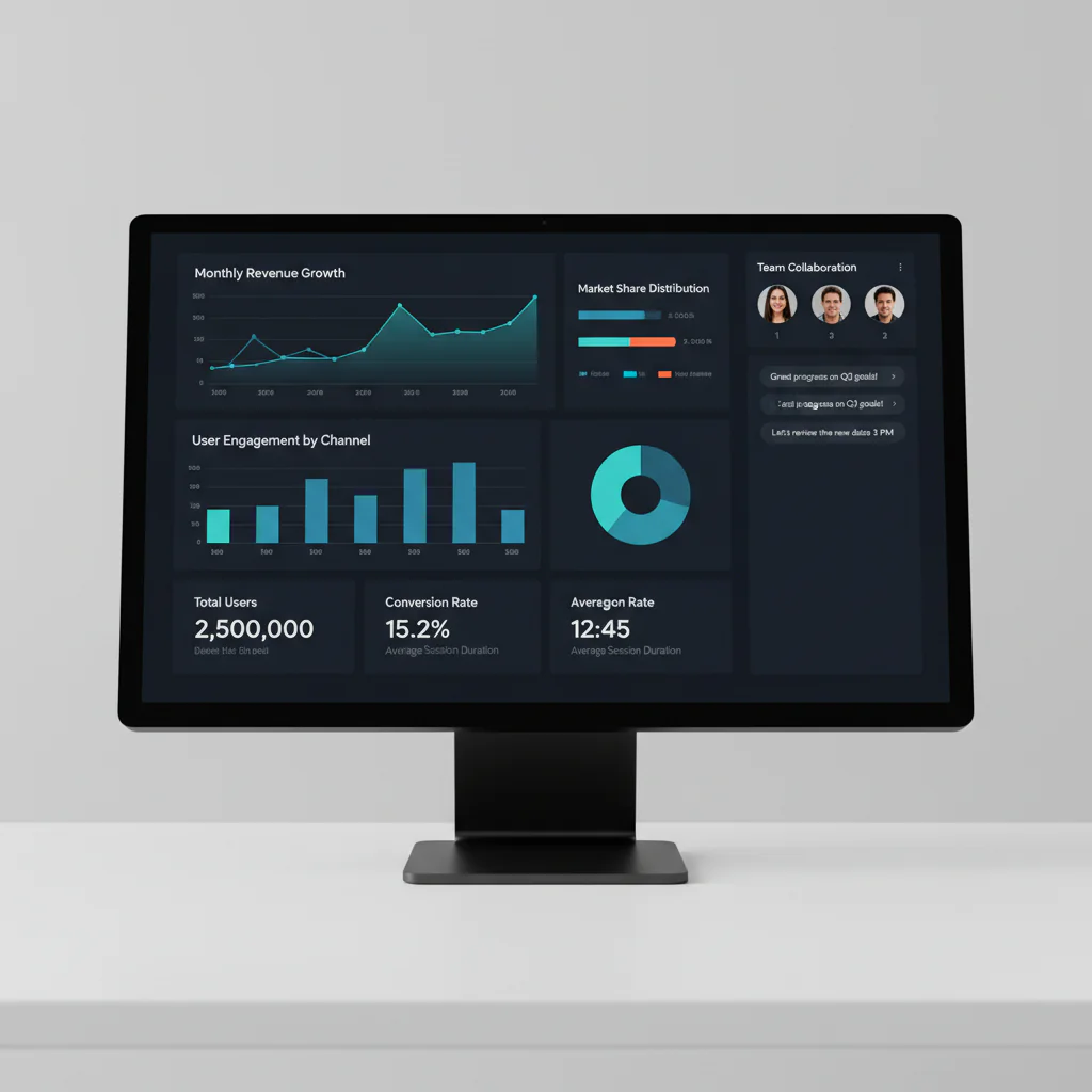 Analytics dashboard on screen showing charts and progress graphs, clean modern UI, professional data visualization
